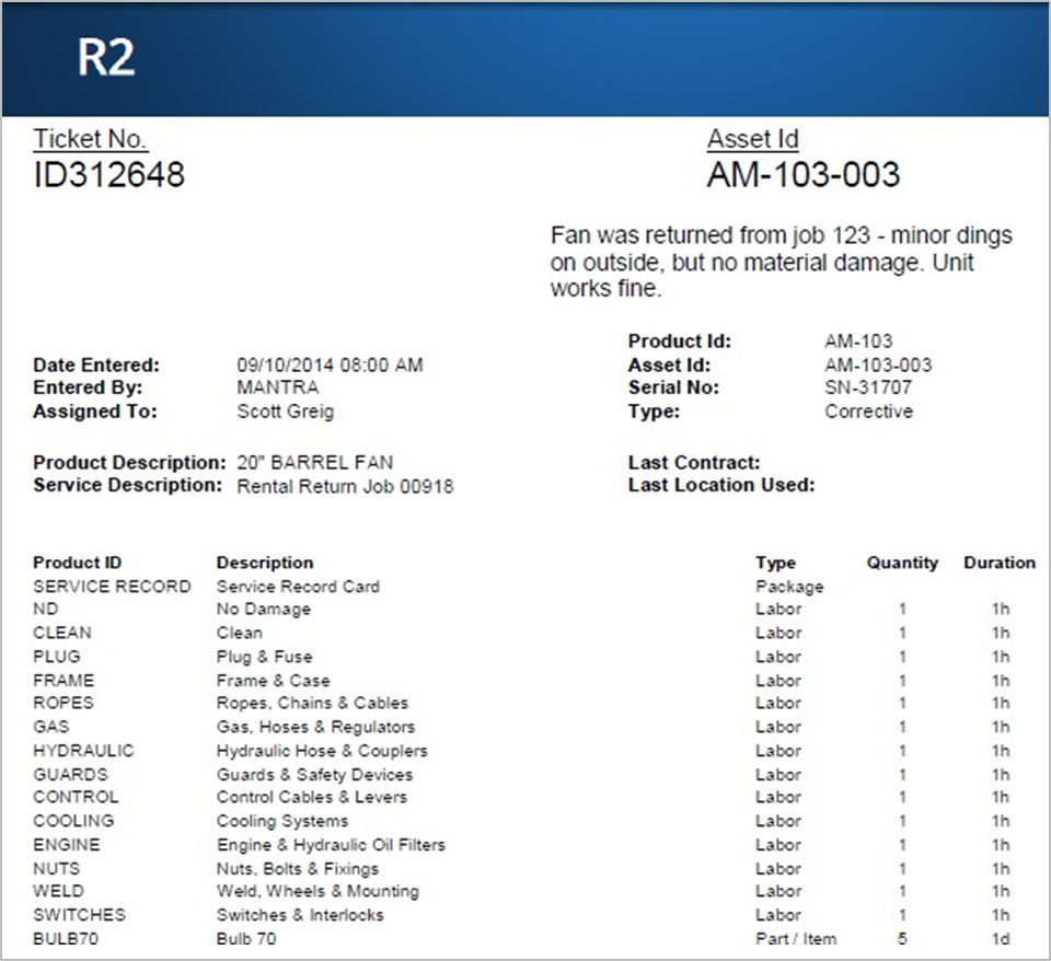 Sample Service Record Card