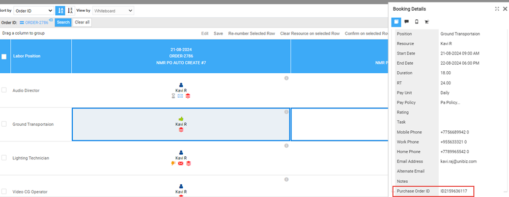 Purchase Order ID field displayed under Booking Details on Whiteboard