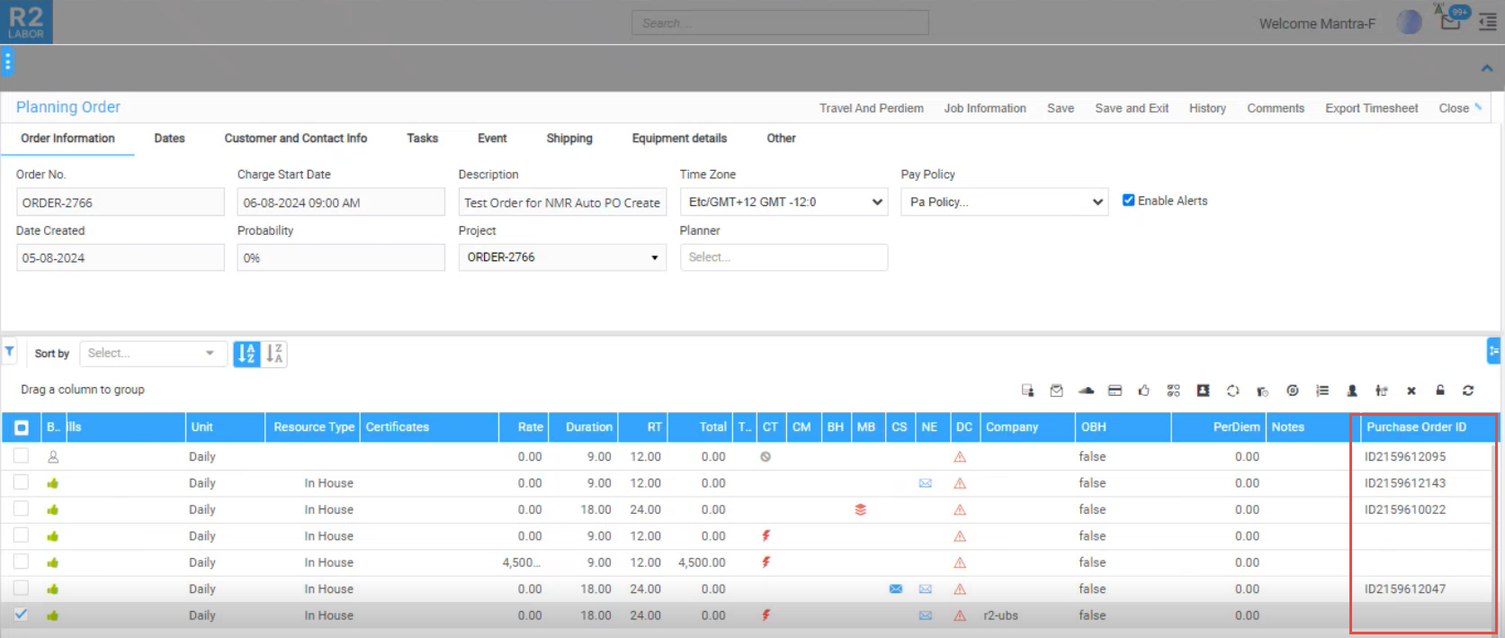 Purchase Order ID Column displayed in Planning Order Window