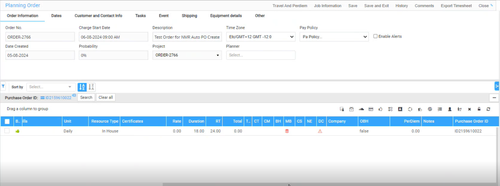 Planning Order Window showing search results based on Purchase Order ID